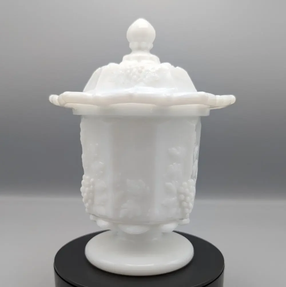 Westmoreland Paneled Grape Milk Glass Lidded Jar Candy Dish Lace Edge